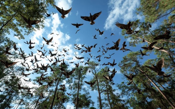 Vibrant scene of birds taking flight through a sunlit forest canopy, showcasing the dynamic energy of nature and wildlife.