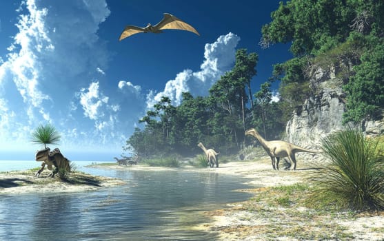 Ancient coastal landscape with various dinosaur species, including flying reptiles and long-necked herbivores, amid lush vegetation and crystal-clear waters.