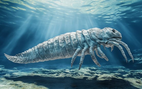 An Opabinia creature navigates the shimmering, crystalline depths of the ancient ocean, its unusual form and array of sensory appendages perfectly suited to its mysterious, otherworldly habitat.