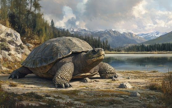 A Stupendemys turtle rests on the sun-warmed rocks of the riverbank, its weathered shell soaking in the golden rays as it surveys the lush, verdant landscape defines its ancient, riverside domain.