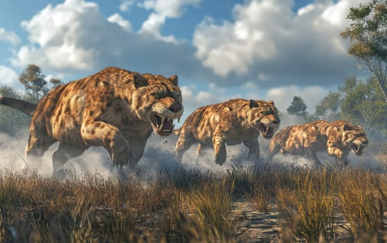 Three Smilodon, the mighty saber-toothed predators, stand watchful atop a rocky outcrop, their keen gazes scanning the awe-inspiring panorama of towering mountains.