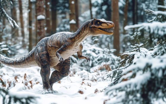 A Yutyrannus, its reddish-brown plumage glistening with snowflakes, emerges from a haze of swirling mist and falling snow, its penetrating gaze and formidable presence commanding the awe.