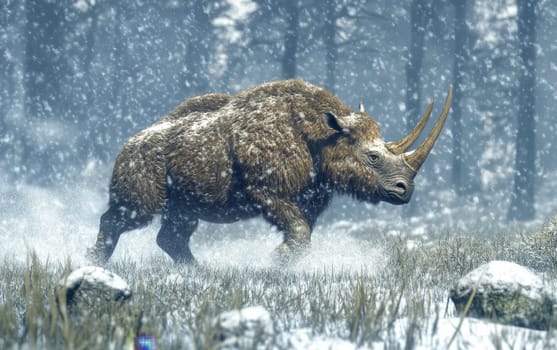 A woolly rhinoceros grazes on sparse vegetation in a snowy field, illustrating the feeding habits and survival strategies of this Ice Age creature in harsh winter conditions.
