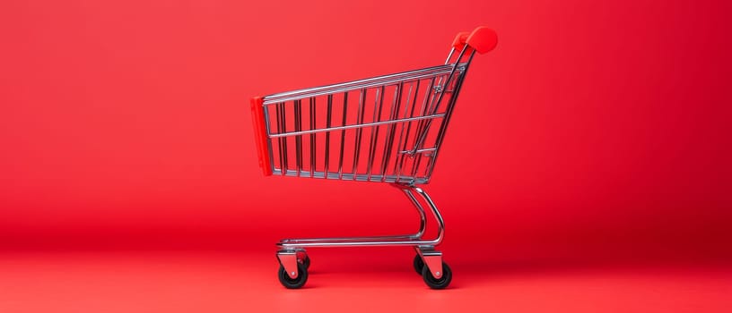 A minimalistic red shopping cart against a solid red background, ideal for retail concepts and copy space. Black Friday sale concept with place for text.