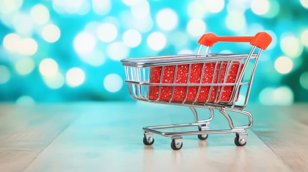 A miniature shopping cart filled with red gift boxes, set against a bright blue bokeh background, symbolizing holiday shopping. Black Friday sale concept with place for text.