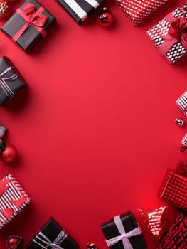 Various gift boxes with red ribbons and ornaments, surrounding a red copy space, ideal for holiday greetings or promotions.