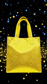 A sparkling yellow bag glitters against a dark background with colorful sparkles, offering elegant and festive copy space. Black Friday sale concept with place for text.