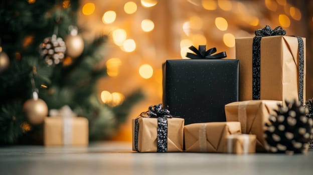 Beautifully wrapped Christmas gifts under a tree, surrounded by warm bokeh lights for a festive atmosphere.