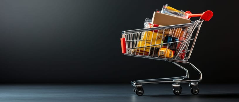 A shopping cart filled with various groceries on a dark background, offering copy space for text or branding needs. Black Friday sale concept with place for text.