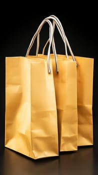 Three gold shopping bags with handles displayed against a black background, symbolizing luxury and retail.