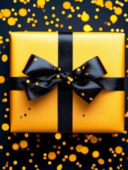 Shiny golden gift box adorned with a sleek black ribbon and bow, surrounded by festive glowing bokeh lights.