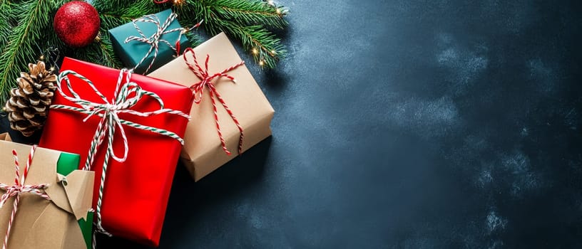 Christmas gifts with pine branches and ornaments on a dark background, featuring copy space.