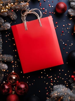 Vibrant red shopping bag amidst Christmas decorations and ornaments, perfect for festive season promotions.