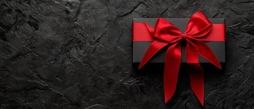 Elegant black gift box adorned with a red ribbon on a dark stone background, perfect for gift giving themes and copy space.