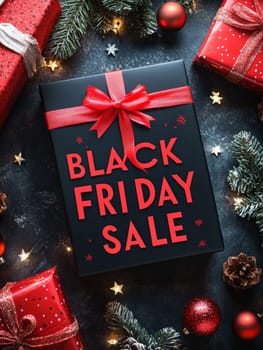 Festive Black Friday Sale gift box with red ribbon surrounded by holiday decorations, creating a lively shopping atmosphere.