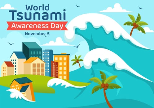 World Tsunami Awareness Day Vector Illustration on November 5, featuring Waves Crashing into Houses, Trees, and Buildings in a Flat Style Background