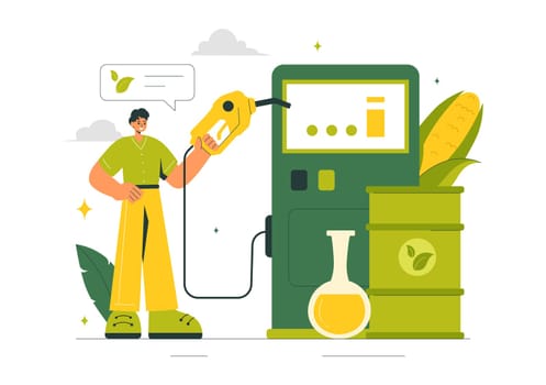 Biofuel Life Cycle of Natural Materials and Plants with Green Barrels and Biogas Production Energy in a Flat Cartoon Background Vector Illustration