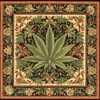 Victorian tapestry design featuring a central cannabis leaf surrounded by ornate floral patterns . AI generative.