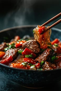 Glass noodles with vegetables and beef. AI generative.