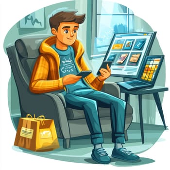 A person sitting comfortably at home makes purchases online. AI generative.