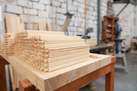 Furniture factory workshop with different wood items.
