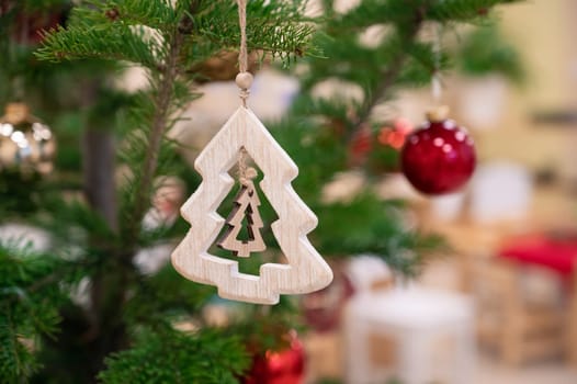 Christmas fir tree adorned with baubles in close up
