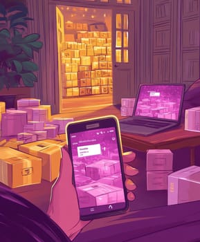 A person sitting comfortably at home makes purchases online. AI generative.