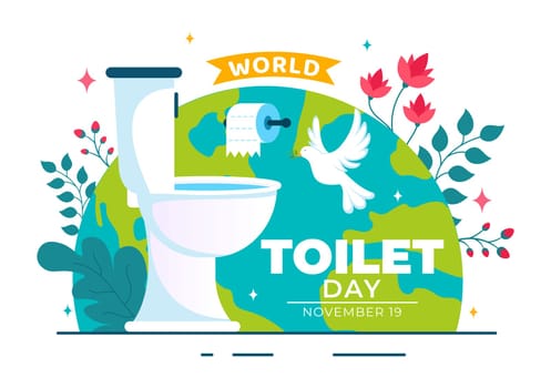 World Toilet Day Vector Illustration on November 19, featuring Earth and Bathroom Hygiene Equipment for Awareness in a Flat Style Cartoon Background