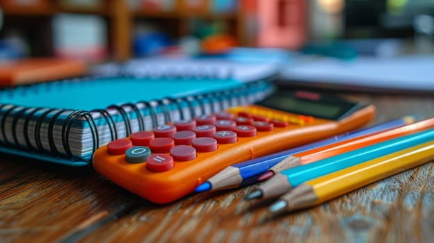 A collection of school supplies, including notebooks, multi-colored pens, a calculator, neatly laid out on the study desk, against the blurred background of the classroom