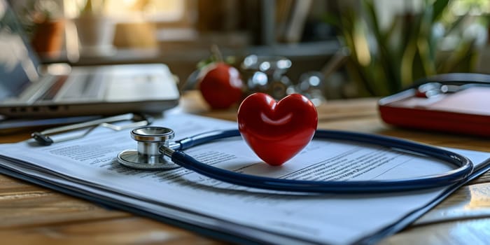 Heart and stethoscope on table with medical document. Healthy Heart Concept, Healthcare & Medical Facilities Image