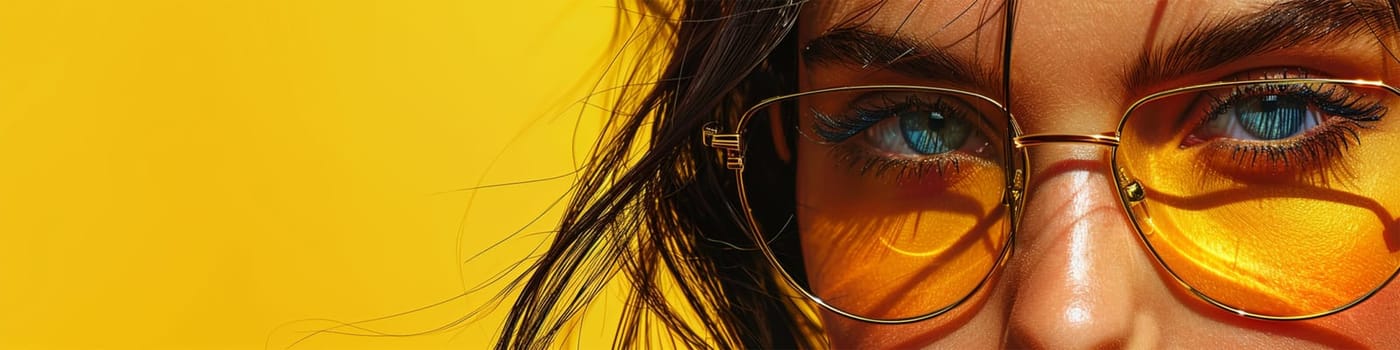 Close-up of eyes of woman wearing glasses looking straight ahead, isolated on yellow background on right side with replica of space
