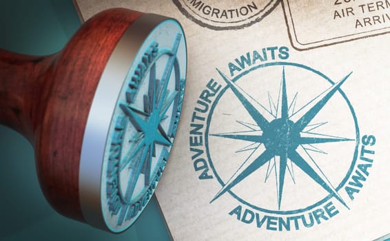 Rubber stamp with the text adventure awaits printed on a passport. 3d illustration.