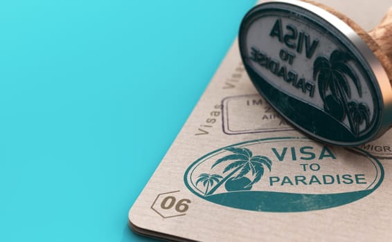 Rubber stamp and visa on a table. Concept of tropical destination vacation and travel to paradise. 3d illustration.