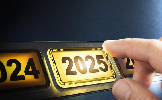 Finger about to press a yellow button with the text 2025. Year two thousand and twenty five concept. Composite image between a hand photography and a 3D background.