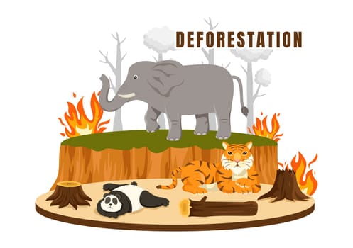 Deforestation Vector Illustration featuring a Felled Forest with Trees Burning, Creating Pollution and Leading to the Extinction of Animals