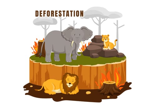 Deforestation Vector Illustration featuring a Felled Forest with Trees Burning, Creating Pollution and Leading to the Extinction of Animals