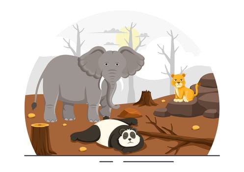 Deforestation Vector Illustration featuring a Felled Forest with Trees Burning, Creating Pollution and Leading to the Extinction of Animals