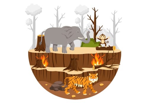 Deforestation Vector Illustration featuring a Felled Forest with Trees Burning, Creating Pollution and Leading to the Extinction of Animals
