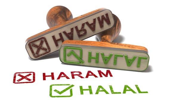 Sharia legal terminology, Two rubber stamps with the word halal and haram over white background. 3d illustration