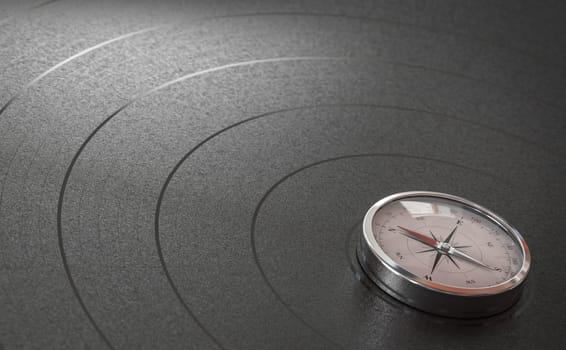 Magnetic compass pointing north over black background. Navigation concept. 3d illustration