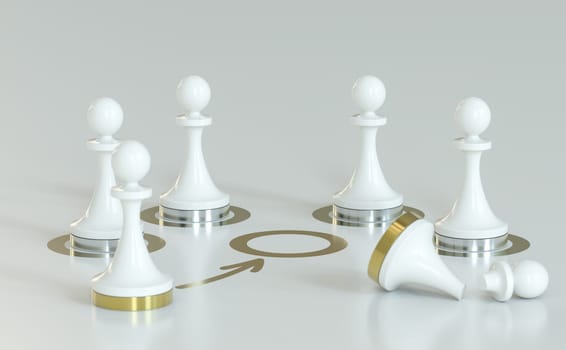 3d illustration of a broken white pawn surrounded by entire ones. Concept of organizational restructuring.