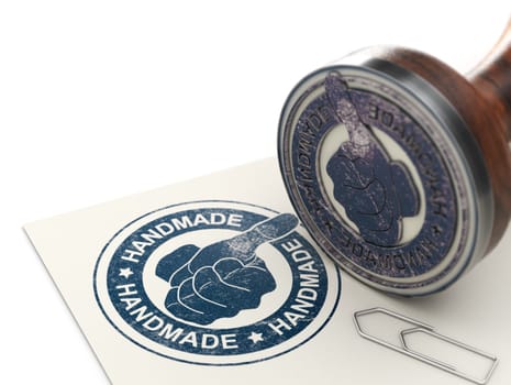 Rubber stamp to communicate on a handmade product or item. Manual work concept. 3D illustration
