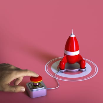 Hand pressing a launch button to launch a rocket. Concept of acceleration or boosting career.