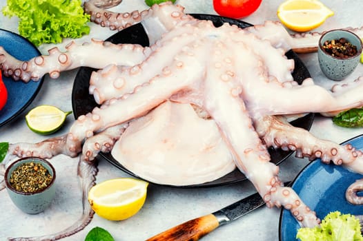 Fresh raw octopus with cooking ingredients. Concept healthy food, Mediterranean diet and seafood.