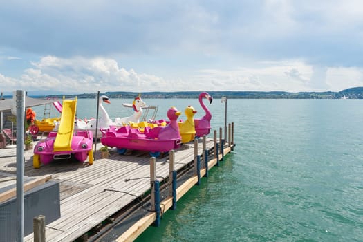 Ueberlingen, Germany – August 02, 2024: Boat rental on the shores of Lake Constance, Bodensee in Ueberlingen in Germany