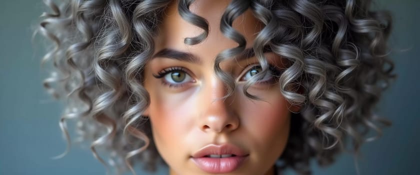 A striking close-up reveals luscious gray ash curls, glistening with shine. The soft waves cascade elegantly, highlighting the hair's texture and beauty in gentle natural light. Generative AI.