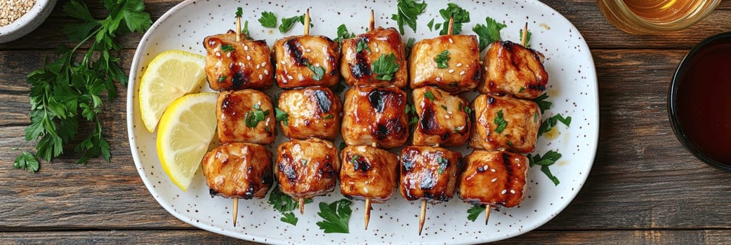 juicy honey chicken skewers . AI generative.