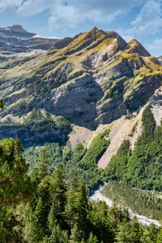 A mountain range with a river running through it. The mountains are covered in trees and the sky is clear