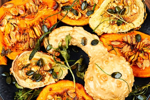 Dish of baked Butternut squashes ready to eat.