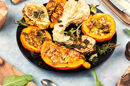 Dish of baked Butternut squashes ready to eat.
